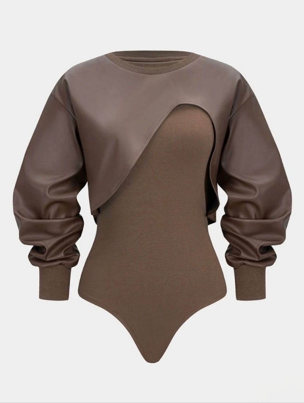Cropped Faux-Leather Overlay Bodysuit ▪︎ Chocolate